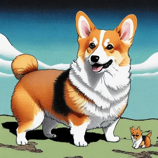 Prompt: Corgi dog by Kanagawa artist