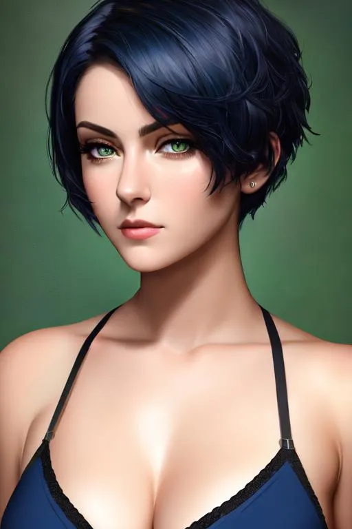 Prompt: oil painting, UHD,  8k, Very detailed, panned out view, whole character, beautiful Young adult, visible face, dark blue short Hair which is buzzed of at the right Side, she wears a black Tanktop, disgusted expression, green eyes, round face