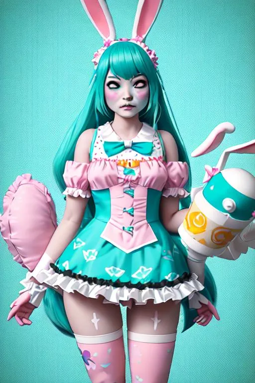 Prompt: A  emp young women  with teal skin and flower print skin,in a cosplay dressed in a mischievous inviting Lolita bunny outfit ,  full body, with long  hair, with white thighs highs,painting himself toy, standing character, soft smooth lighting, soft pastel colors, skottie young, 3d blender render, polycount, modular constructivism, pop surrealism, physically based rendering, square image.photorealistic  3d blender trending on art station 