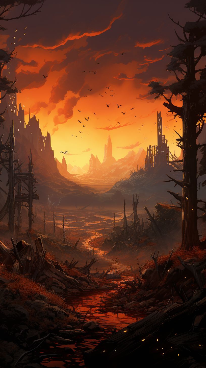 Prompt: a scenic backdrop in the wastelands of civilzations, large beautiful forests and mountains ingrown around the rubble of the old buildings, in the style of Bethesda and Genshin Impact, vibrantly beautiful colors contrasting stale browns --ar 9:16