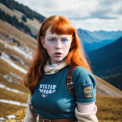 Prompt: Analog style, full shot, full body, war girl, gorgeous face, tiny micro freckles, redhead ginger, big blue eyes, plump, in the mountains, hyperrealistic space 8k 18+ shot of the day beautiful epic high resolution