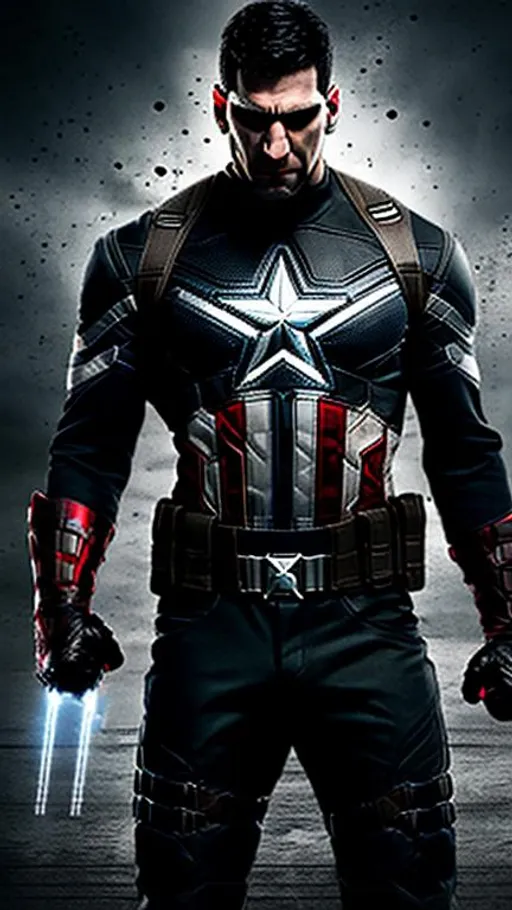 Prompt: High-resolution hyperrealistic photo of the punisher frank castle merged with captain america steve rogers, skull logo, black and crimson and grey costume, uhd, hdr, 64k