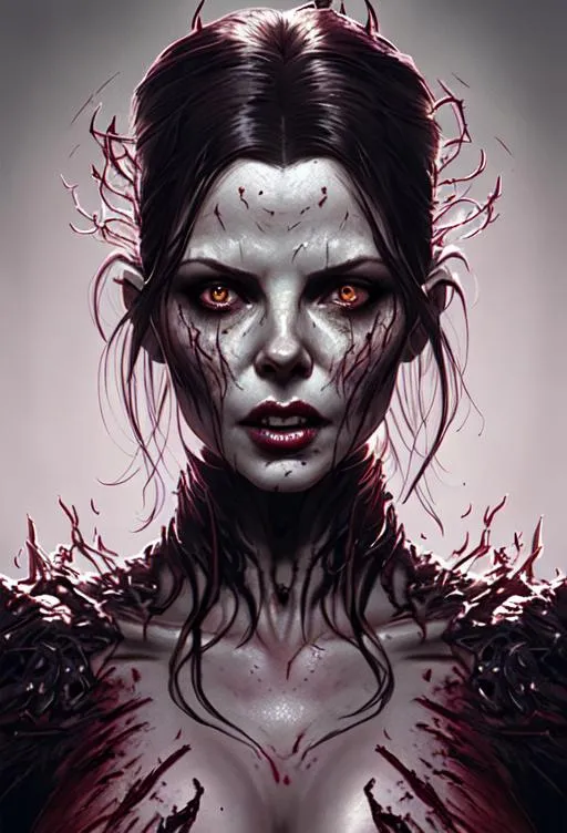 Prompt: Gorgoues zombie woman worshipping Satan, Kate Beckinsale, Facial symmetry, concept art by Greg Rutkowski, Deep Colours, Seductive, Sultry, Hyperdetailed skin texture, Raytraced, Photorealistic, Detailed feminine form, Full face, Full body, WLOP, Artgerm, 8k