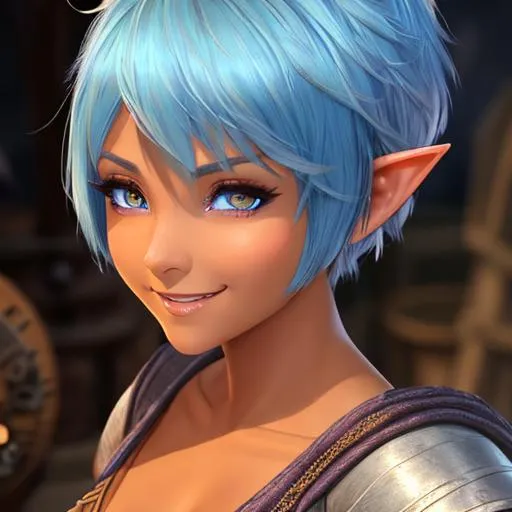 Prompt: oil painting, D&D fantasy, tanned-skinned-gnome girl, tanned-skinned-female, short, beautiful, short bright blue hair, long pixie cut hair, smiling, pointed ears, looking at the viewer, Wizard wearing intricate wizard outfit, #3238, UHD, hd , 8k eyes, detailed face, big anime dreamy eyes, 8k eyes, intricate details, insanely detailed, masterpiece, cinematic lighting, 8k, complementary colors, golden ratio, octane render, volumetric lighting, unreal 5, artwork, concept art, cover, top model, light on hair colorful glamourous hyperdetailed medieval city background, intricate hyperdetailed breathtaking colorful glamorous scenic view landscape, ultra-fine details, hyper-focused, deep colors, dramatic lighting, ambient lighting god rays, flowers, garden | by sakimi chan, artgerm, wlop, pixiv, tumblr, instagram, deviantart