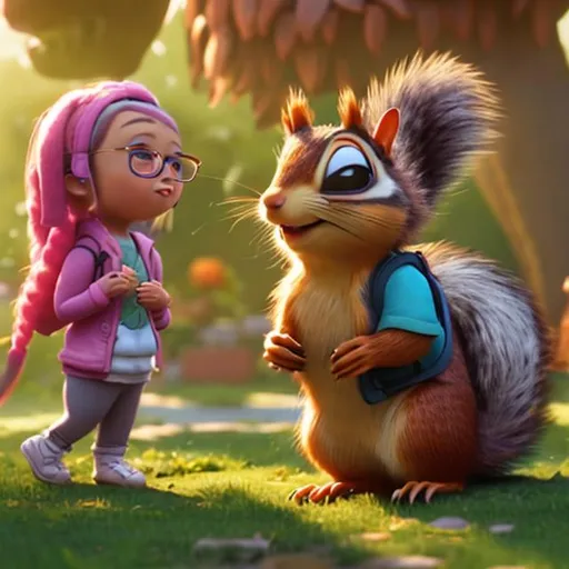Prompt: Two characters from different worlds, such as a human child Mia and a talking squirrel, and a squirrel wearing glasses and meet and form an unexpected friendship while helping each other through challenges. 