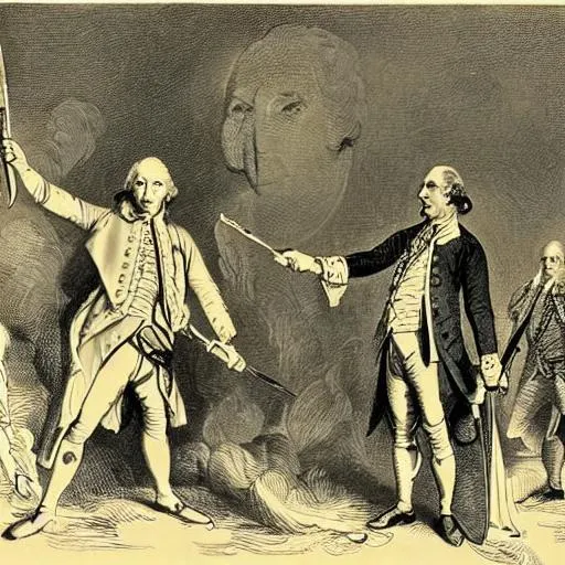 Prompt: king george the third holding up a white flag while george washington holds a bayonet to his neck