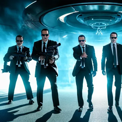 Prompt: The men in black, wearing glasses, holding alien blasters, epic cinematic shot