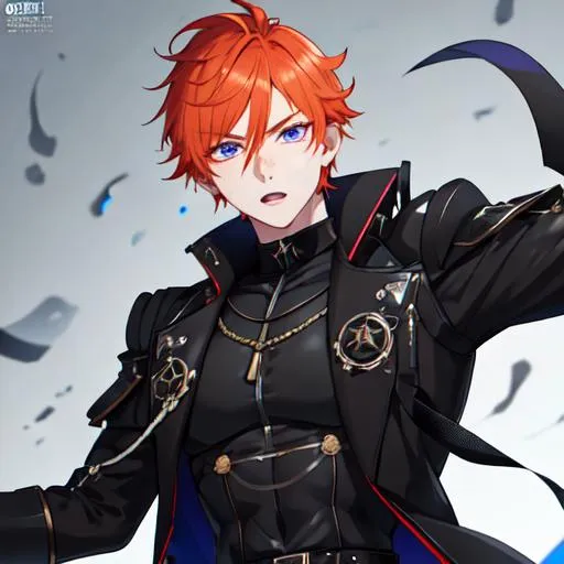 Prompt: Erikku male (short ginger hair, freckles, right eye blue left eye purple) muscular, UHD, 8K, Highly detailed, insane detail, best quality, high quality. black jacket, black shorts, streetwear