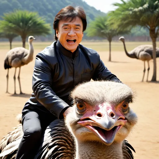 Prompt: Actor Jackie Chan rides an ostrich
