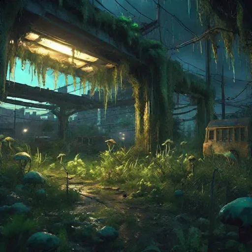 Prompt: post-apocalyptic cityscape, zoo, the last of us style, bioluminescent green mutated fungi spreading like an infection on the land, trending on Artstation, overgrown, raining, flooding, hypermaximalist, highly detailed and intricately designed, digital painting, golden hour, twilight, moonlight through clouds, light rays through clouds, light pillars, cinematic style, perfect composition, aspect ratio 3:2, full shot, dramatic lighting, reflections