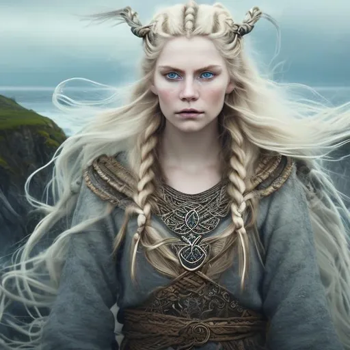 Prompt: Create an artwork depicting a mesmerizing Viking woman with striking blue eyes, flowing blonde hair, and a hint of vulnerability. She stands on a windswept cliff, adorned in traditional Nordic jewelry, and exudes an aura of strength and allure. Let the art capture the essence of her captivating gaze, the rugged beauty of the coastline, and the untamed spirit of Viking culture. Use colors, textures, and symbolic elements to evoke the enigmatic allure of this middle-aged Viking woman.