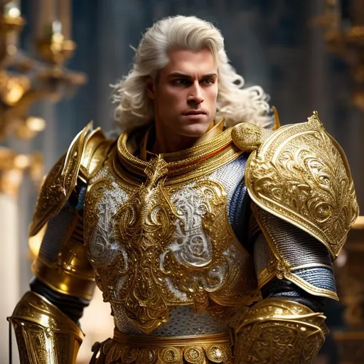 Prompt: beautiful photograph of most beautiful fictional, Knight, male, goodnes, muscle, royal, White and golden, extremely, detailed environment, detailed blur background, intricate, detailed skin, natural colors , professionally color graded, photorealism, 8k, moody lighting.