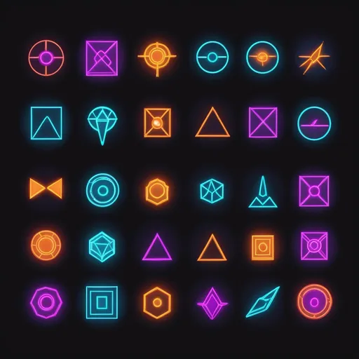 Prompt: A set of distinct user interface icons, inspired by Neon Genesis Evangelion, minimalist design aesthetics, featuring symmetrical and geometric shapes, stark contrasts of vivid neon against dark backgrounds, emphasizing sleek lines and modern simplicity, creating a visually arresting arrangement. 4K, ultra-detailed, high contrasting color palette.