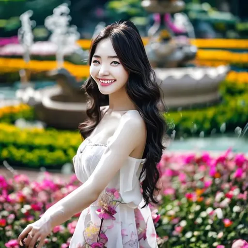 Prompt: korean woman with wavy long hair walk on flower garden with fountain look at camera with smile