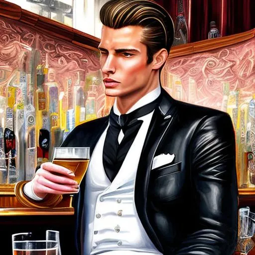 Prompt: Digital art, epic perspective a 1960’s inspired painting of a very good looking, handsome, GQ man with athletic build, clean cut face with longish emo style blonde hair wearing a tailored, black and white striped zoot suit seated at a bar drinking a martini, intricately detailed painting with mood lighting above and below the bar in the style of Jack Vettriano