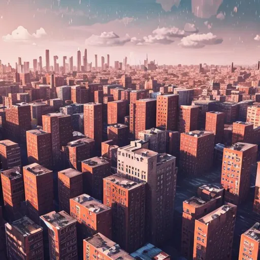 Prompt: 1970s tall 20 story brick buildings city background birds eye veiw Light blue sky nice weather city background realistic high quality 4k