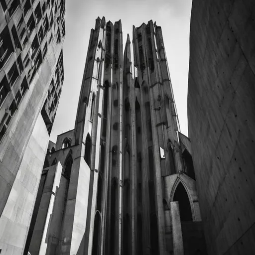 Prompt: a cathedral towering over the surrounding buildings, brutalist architecture 