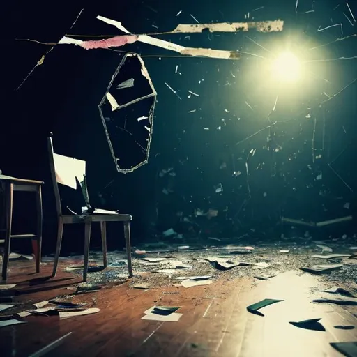 Prompt: bullet tearing through shattered screen of black and white tv, attached to noose, floating above overturned wooden stool, on stage with spotlight, papers are strewn all across the floor