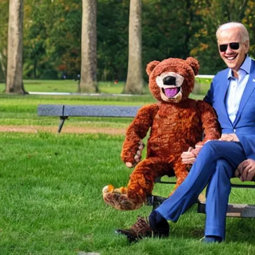 Prompt:  joe Biden chills with Freddy fazzbear in the park