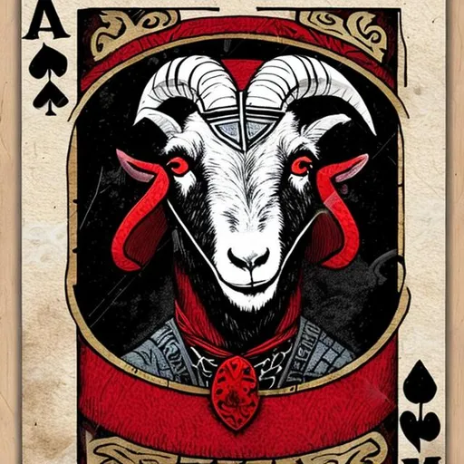 Prompt: create a red and black superhero goat in medieval playing card style
