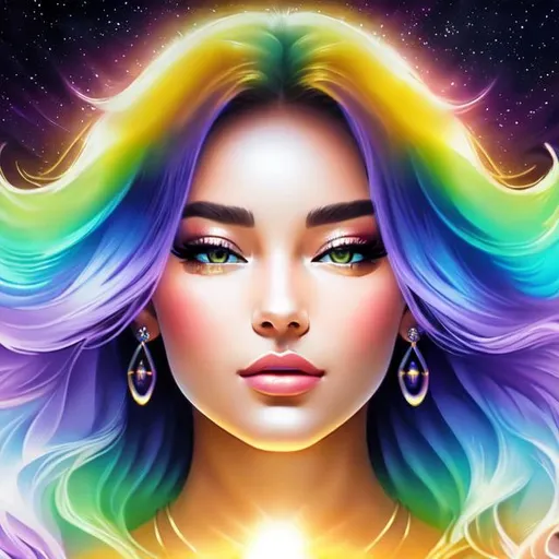 Prompt: Fairy goddess of light,etherial light,cosmic being,closeup,cosmic background,facial light,rainbow colors
