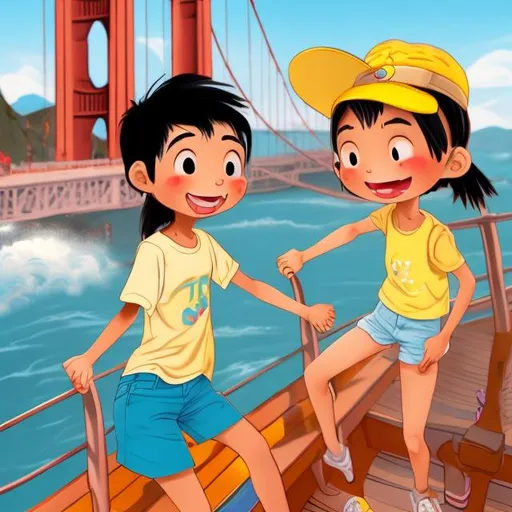 Prompt: cartoon, one asian girl and one asian boy, smiling at each other, on a boat, holding hands, golden gate bridge and sunset in the background, the girl wears a yellow dress, the guy wears a blue shorts and white t shirt, pop surrealism