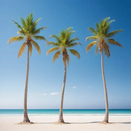 Prompt: Art photography of three palm trees on a beach, white sand, blue sky, ocean near the shore, Chris LaBrooy style, professional, high quality, vibrant colors, detailed textures, tropical, surreal, beachscape, palm trees, ocean view, sunny day, vibrant, realistic lighting