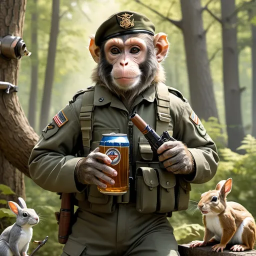 Prompt: Photorealistic woodland scene of a monkey, squirrel, and rabbit in military combat gear, carrying weapons, drinking beer, rabbit smoking a pipe, monkey smoking a cigarette, sunny, high quality, photorealism, military combat gear, woodland setting, detailed animals, beer cans, smoking pipe, sunny lighting