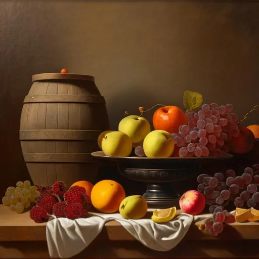 Prompt: still life with a variety of assorted fruits near wooden barrels in front of a stone wall, detailed oil on canvas, 8K