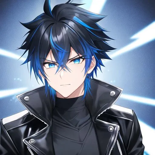 Prompt: Tetsu 1male. Short black with vibrant streaks of electric blue hair that gives off an eye-catching look. Soft and mesmerizing blue eyes. Wearing a black leather jacket with a dark gray t-shirt underneath that adds a subtle contrast to the outfit. Cool and edgy, black skinny jeans. UHD, 8K