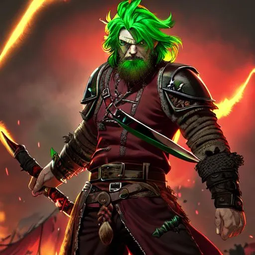 Prompt: sinister viking man, chaotic evil, red hair, short messy hair, neon green bandana around the neck, dark brown eyes with green highlights, dark brown long-sleeve shirt, pants, leather armor, two daggers, dozen throwing knives