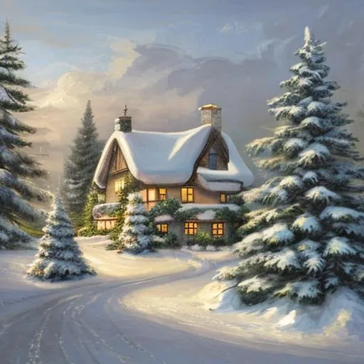Prompt: A snowscape with evergreens and an english cottage