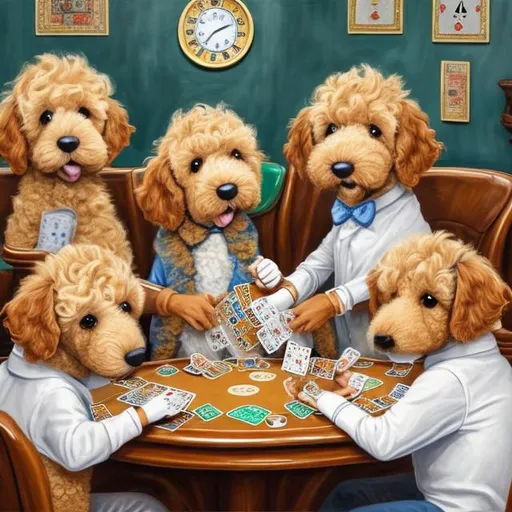 Prompt: Painting of 5 mini golden doodles playing poker, with the central focus on a cream golden doodle with orange ears