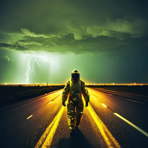 Prompt: guy in a hazmat suit walking on a long highway at Night with a thunderstorm