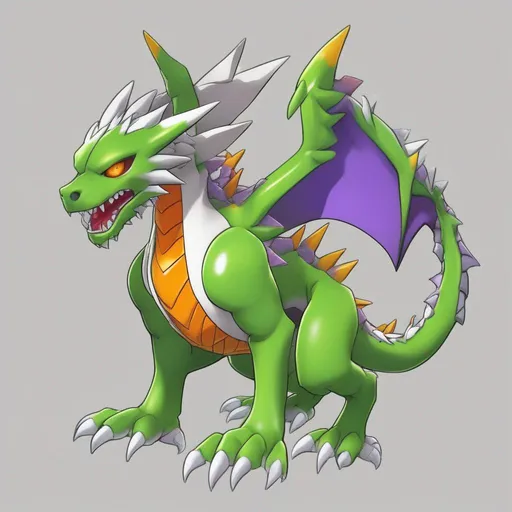 Prompt: A  Digimon whose body bears a striking resemblance to a dragon.  ferocious despite its small size, and anyone who makes careless movements in front of it will get blown at with the high temperature gas formed within its body, colors are primarily vivid green with some orange-yellow and white and grey with purple eyes, best quality, masterpiece, in cartoon style