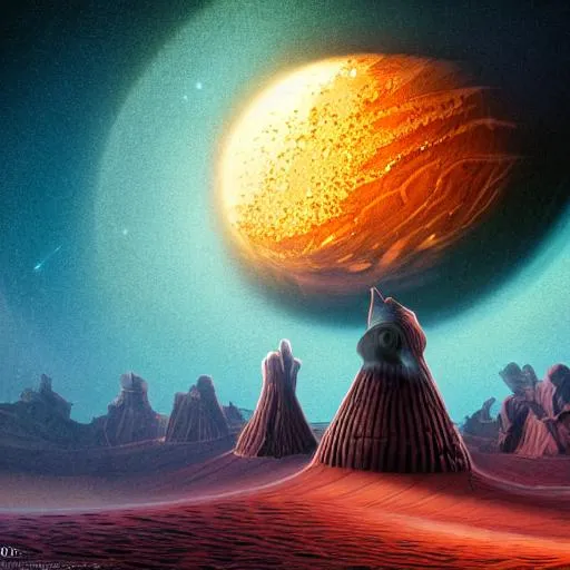 Prompt: 4k, high res, digital art, style of android jones, style of H R Geiger, 
 of a small frightened neon alien, alone, standing by a big hole, giant black hole, cylinder hole in the middle of the desert, sandworm, Dune, ominous, middle of the desert, dark sky, blue moon, shadowed obelisks, alien plant life, small fluorescent scorpions sparsely scattered on the ground, symmetrical, geometric patterns, cyberpunk color scheme, cyberpunk tech, creepy, psychedelic, tentacles, stark bold lines, angular, mirrored right to left, very symmetrical, right to left symmetry, triangle, square, hexagon, Flubber, sharks, cute 