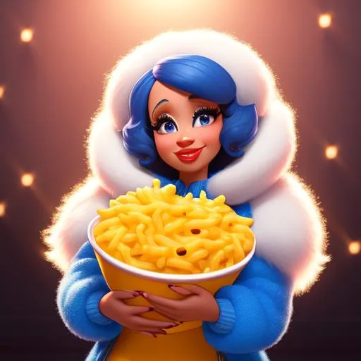 Prompt: Disney Pixar style cardi b, holding macaroni and cheese, highly detailed, fluffy, intricate, big eyes, adorable, beautiful, vibrant lighting, light shafts, radiant, ultra high quality octane render, strip club background,  bokeh, hypermaximalist