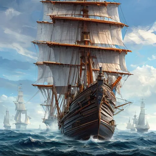 Prompt: higly detailed, majestic royal tall ship on a calm sea,realistic painting, by Charles Gregory Artstation and Antonio Jacobsen and Edward Moran, (long shot), clear blue sky, intricated details, 4k