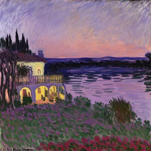 Prompt: a large spanish house next to a lake at night  oil painting in Claude Monet style, pink, blue, and purple tones