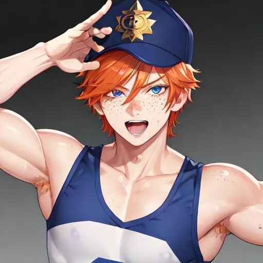 Prompt: Erikku male (short ginger hair, freckles, right eye blue left eye purple) muscular, UHD, 8K, Highly detailed, insane detail, best quality, high quality. hands in the air, wearing a sideways baseball cap