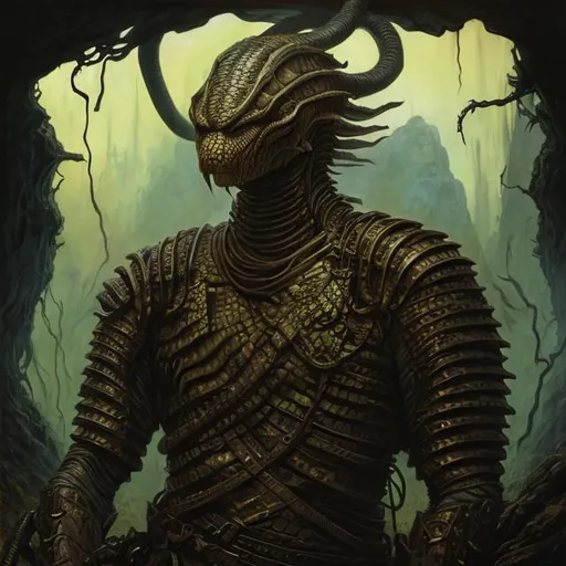 Prompt: Portrait painting, snake-like humanoid warrior with leather armor, in a dark cave, dull colors, danger, fantasy art, by Hiro Isono, by Luigi Spano, by John Stephens