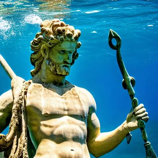 Prompt: statue of poseidon holding a trident, under water around atlantis, roman columns, tropical fish.