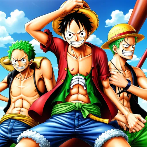 Prompt: One piece main crew (luffy, zoro)