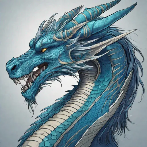 Prompt: Concept design of a dragon. Dragon head portrait. Coloring in the dragon is predominantly deep blue with cyan streaks and details present.