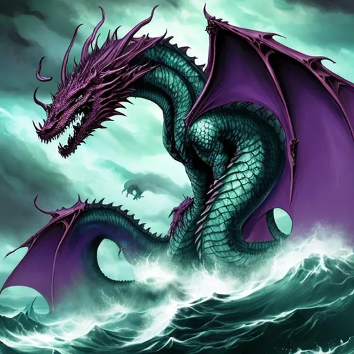 Prompt: wounded, the dying dark lord of the dragons drips green and purple ichor, stormy ocean whirlpool in the background