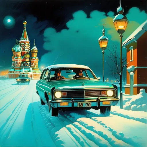 Prompt: 1970s, Moscow at night, car chase, snow, cold teal atmosphere, cartoony style, extremely detailed painting by Greg Rutkowski and by Henry Justice Ford and by Steve Henderson