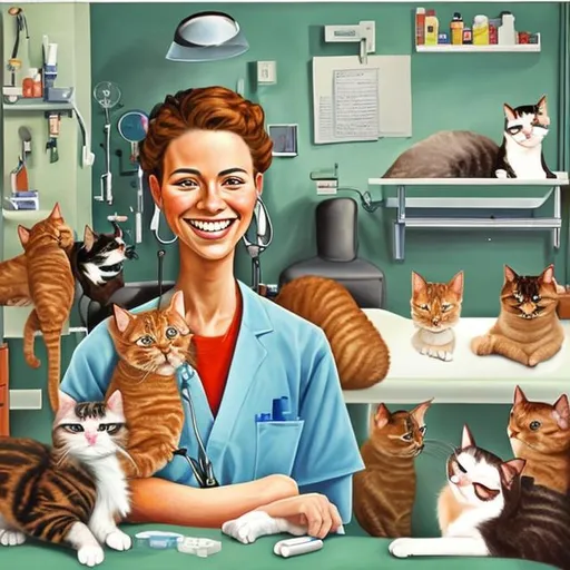 Prompt: smiling veterinary technician, talking on the phone and typing on keyboard, with cats en dogs surrounding, rosina wachtmeister art style