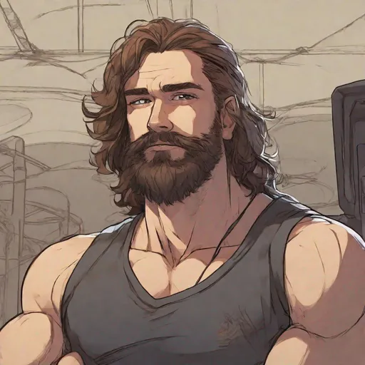 Prompt: a male engineer with shaggy brown hair and a rough brown beard wearing a tank top and black shorts