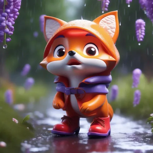 Prompt: Whimsical adorable character 3d octane render, wide shot, chibi extremely cute tiny fox going on adventure in the rain, beautiful scenery, wisteria flowers, spring time, red rain boots, big eyes, award winning, hypermaximalist, octane render, cinematic lighting, highly  detailed