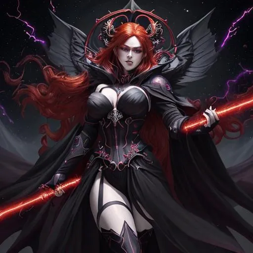 Prompt: Beautiful mayhem, divine chaos, anime Kali with fiery-red hair and red eyes and pale-reddish-purple skin, chaos red-witch in black Sith robes, her name is Talon and she bows regally to her dark master, in space nebula, elegant, prefect composition, soft cinematic lighting, sith master, golden shafts of light, the most beautiful person ever, watercolor illustration by mandy jurgens and alphonse mucha and alena aenami